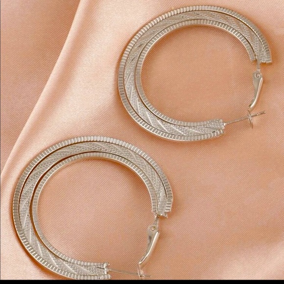 🪙 Silver Textured Hoop Earrings - Picture 2 of 7